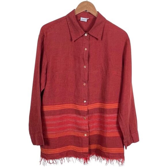 GARNET HILL Linen Button-Up Blouse Size 14 Terracotta Red Orange Fringe EUC - Picture 1 of 16